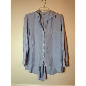 Chico's Blue White Pinstripe Pleated Back Button Down Shirt Women Size 1 Medium